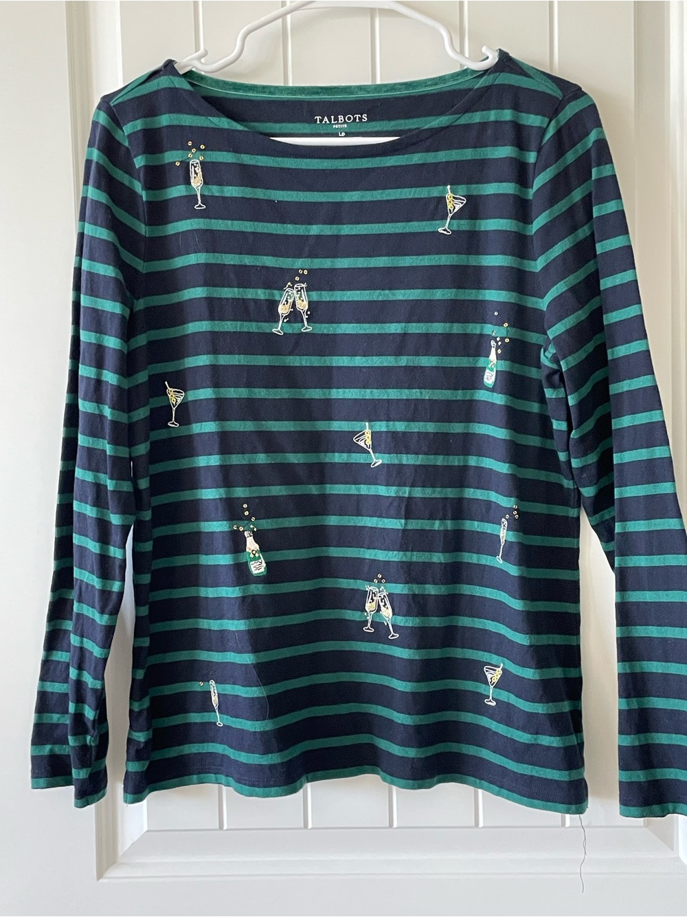 Talbots Navy & Teal Striped Long-Sleeve Top with Champagne Motif